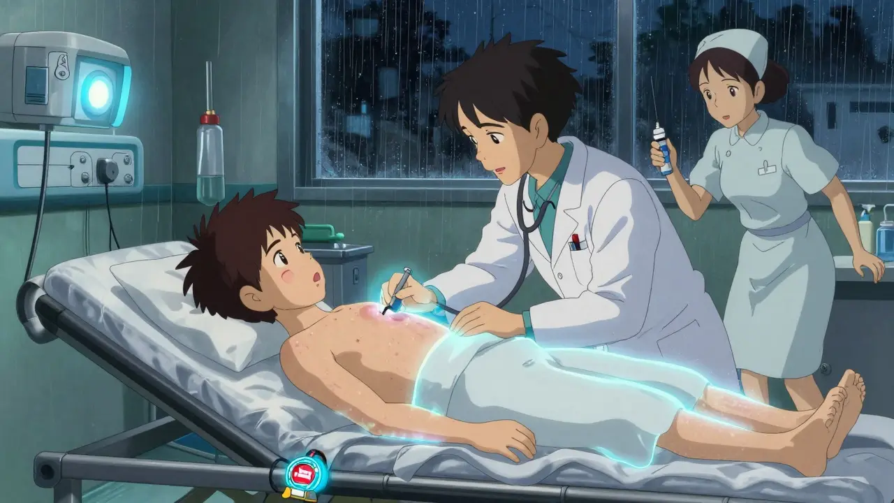 A teenager in an emergency room has swollen face and glowing rash, medical staff rushing with an injector.