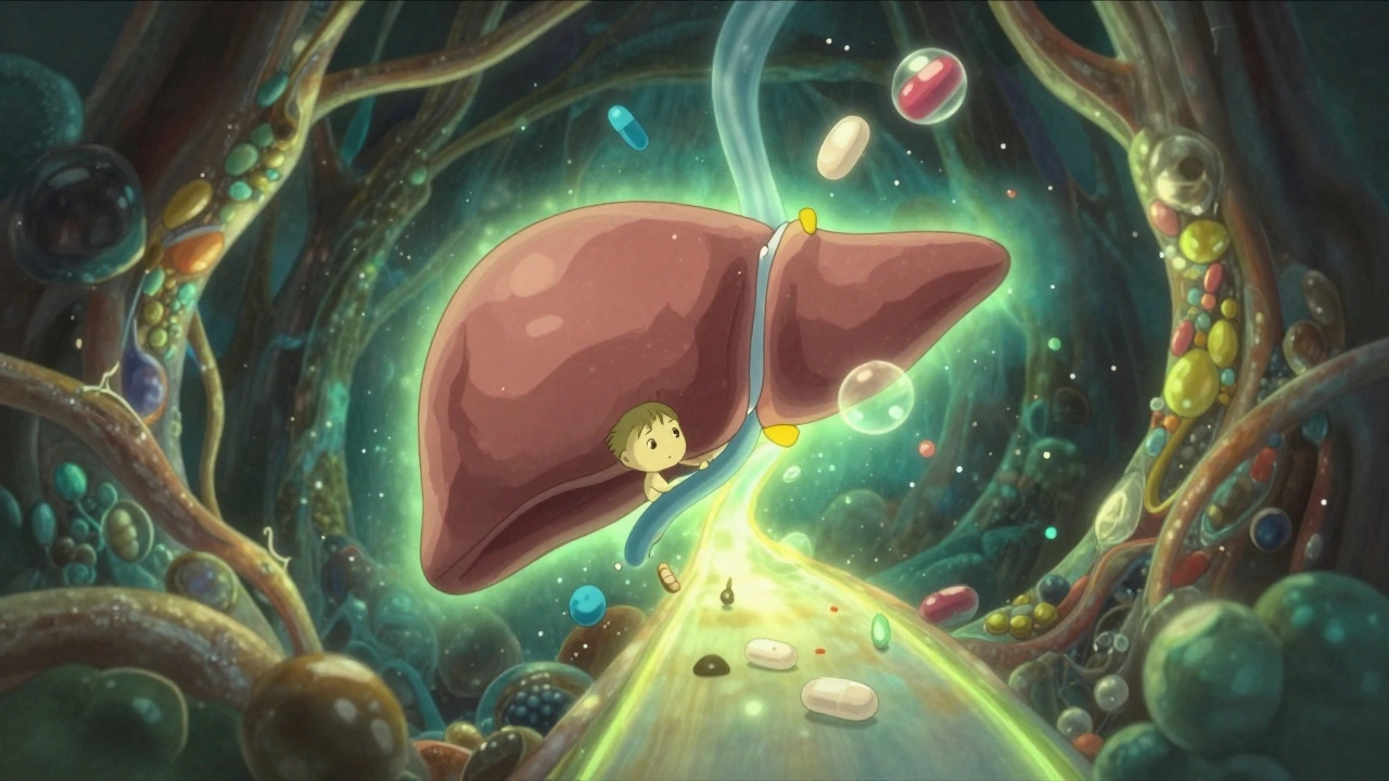 A tiny caffeine spirit blocks medication pathways inside a glowing liver, illustrated in dreamlike detail.