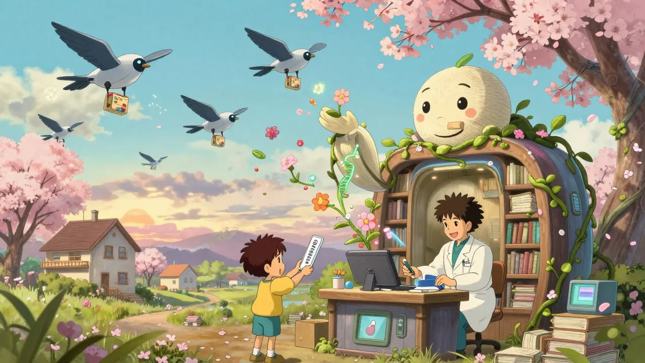 A whimsical drone delivery hub at dawn where AI spirits guide personalized medicine across a blossoming landscape.