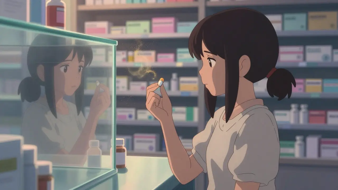 A woman examines brand and generic pills in a quiet pharmacy at dusk, reflection visible in the glass.