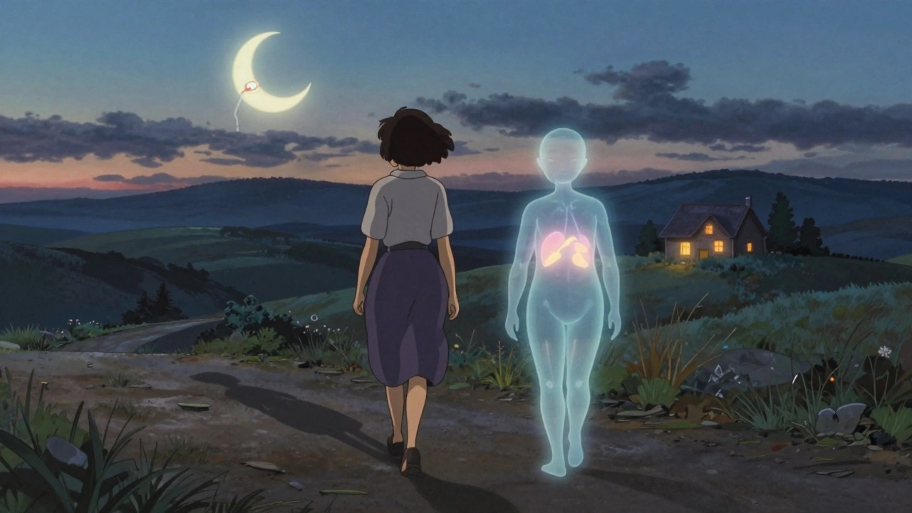 A woman walks at twilight beside a translucent spirit shaped like adrenal glands, with a moon reflecting a medical bracelet, symbolizing resilience and quiet strength.