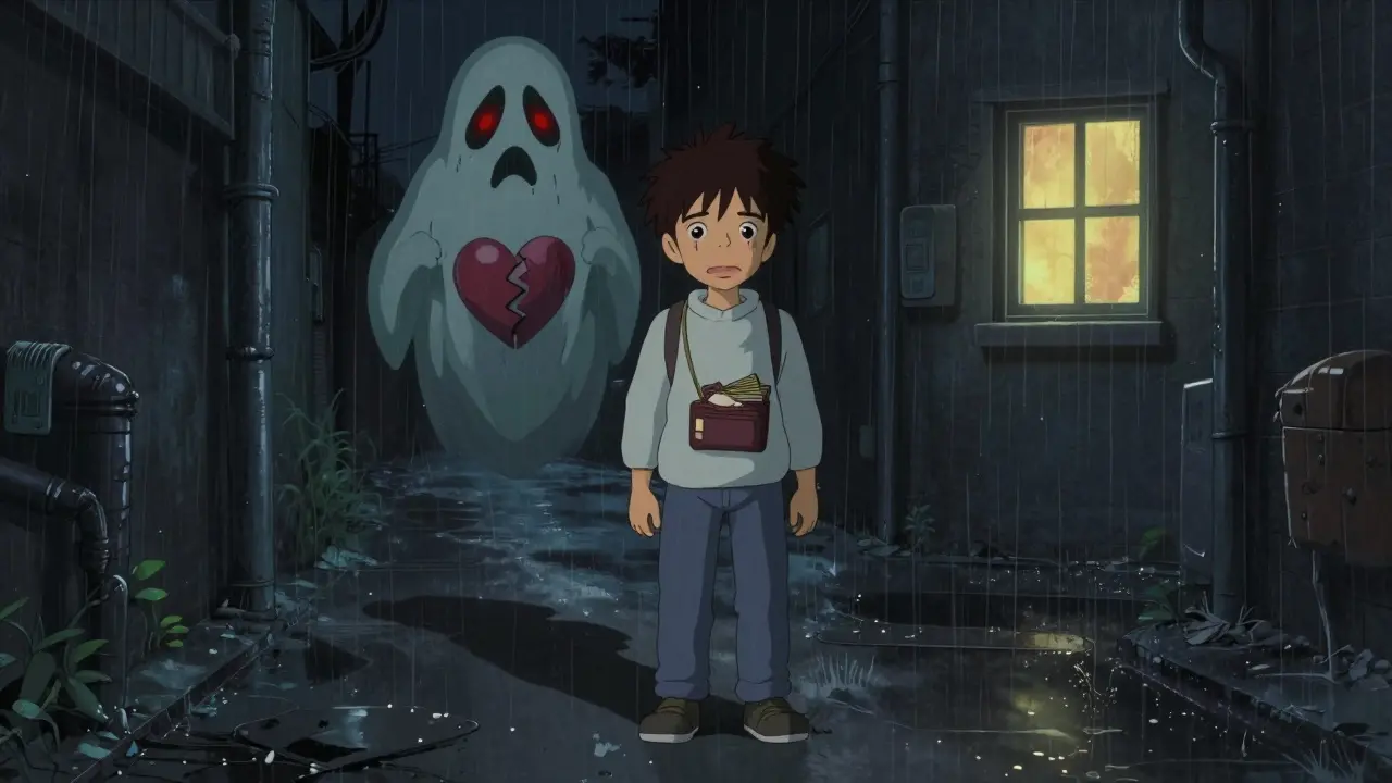 A young person in a rainy alley holds a stolen wallet, with a ghostly double symbolizing addiction behind them.
