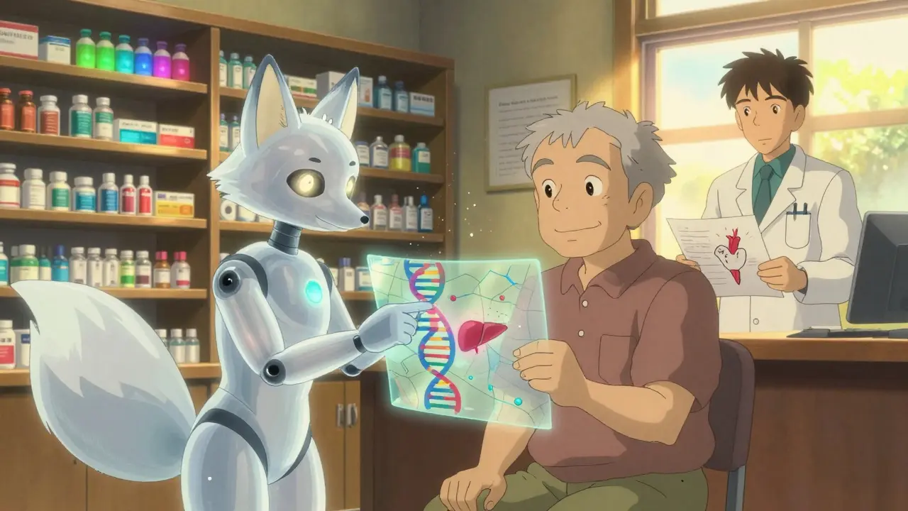 An elderly man receiving a genetic drug recommendation from a fox-like AI assistant in a sunlit pharmacy.