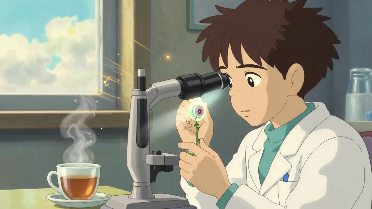 An eye doctor examining a patient's eye with a glowing magnified light in a sunlit clinic.