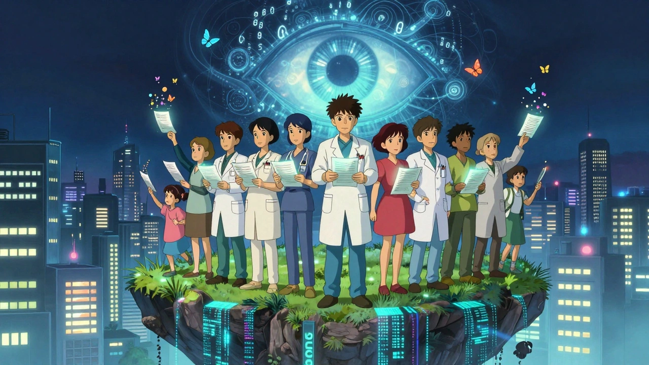 Diverse people releasing report-form butterflies above a glowing city, watched by a data-eye.