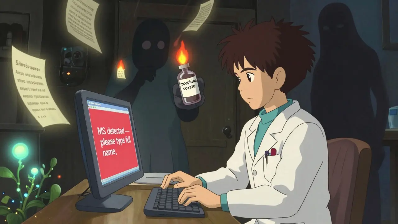 Doctor at an EHR station with warning messages and burning abbreviations as glowing spirits loom behind.
