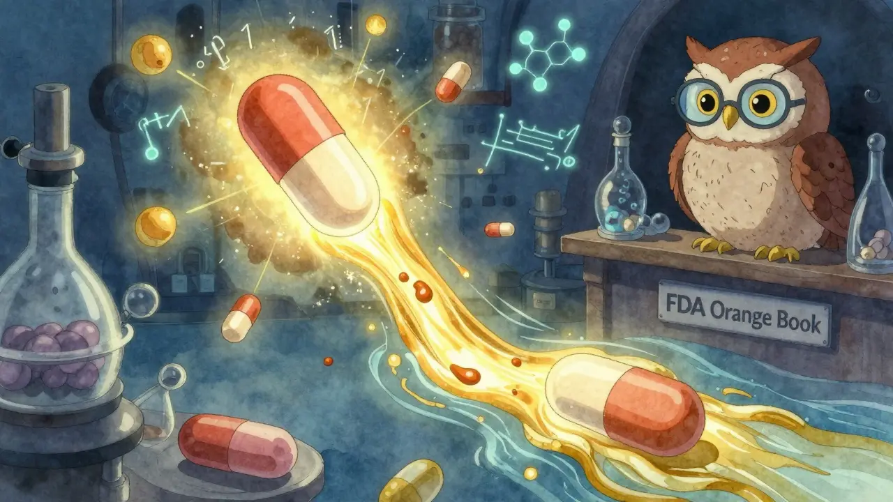 Floating pills dissolve into golden light streams in a dreamlike lab, with molecular structures and the Orange Book on a shelf.