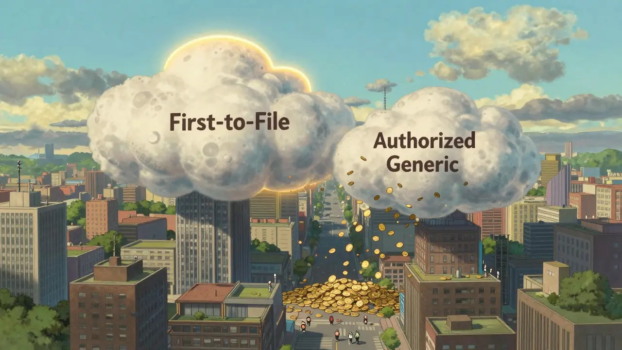 Giant pill clouds in a city sky, one merging with another as coins fall, symbolizing lower drug prices.