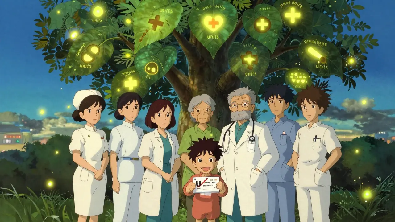 Healthcare team beneath a tree with leaves spelling out safe medical terms, fireflies rising as a child holds a corrected prescription.