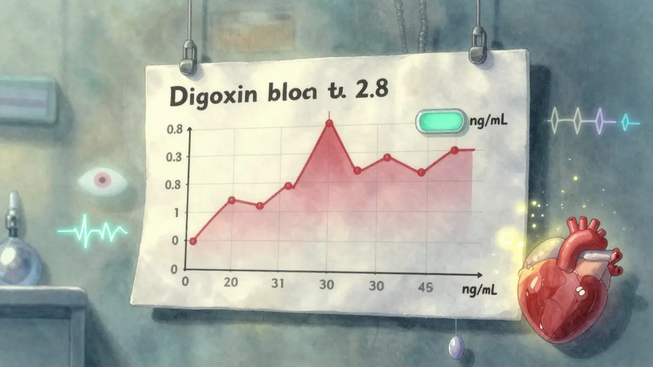 Medical chart showing digoxin level spike, with flickering heart and symptoms like nausea and blurred vision around it.