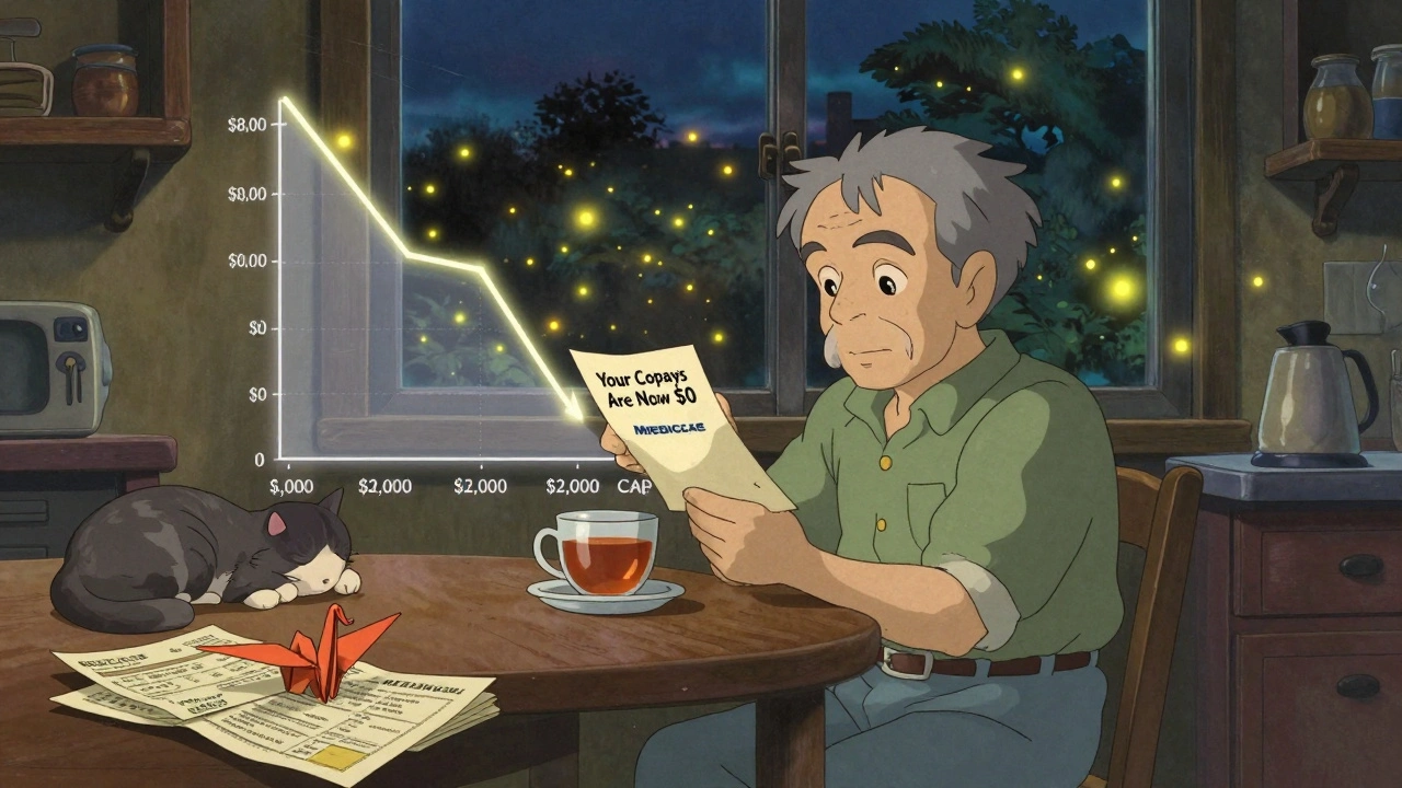 Old man at kitchen table reading Medicare letter, financial graph floating behind him, fireflies glowing like savings.