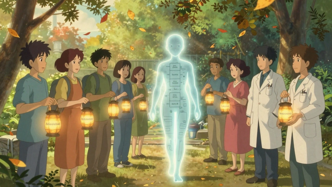 Patients and doctors in a courtyard holding medication lanterns, a healed survivor walking among them.