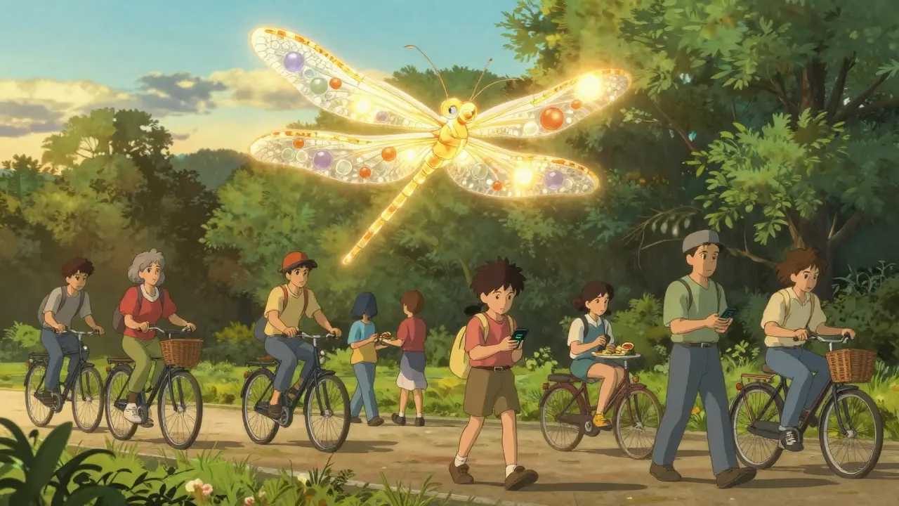 People walking in a park at sunset with a glowing dragonfly symbolizing balanced weight management.