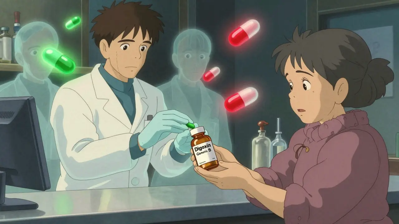 Pharmacist giving new digoxin bottle to elderly woman, with ghostly safe and toxic pill versions floating nearby.