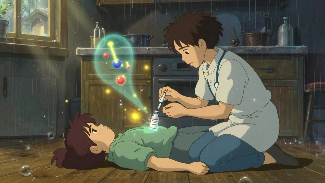 Someone administers an emergency injection to a person on a kitchen floor, surrounded by glowing sodium and cortisol particles in Studio Ghibli&#039;s delicate style.