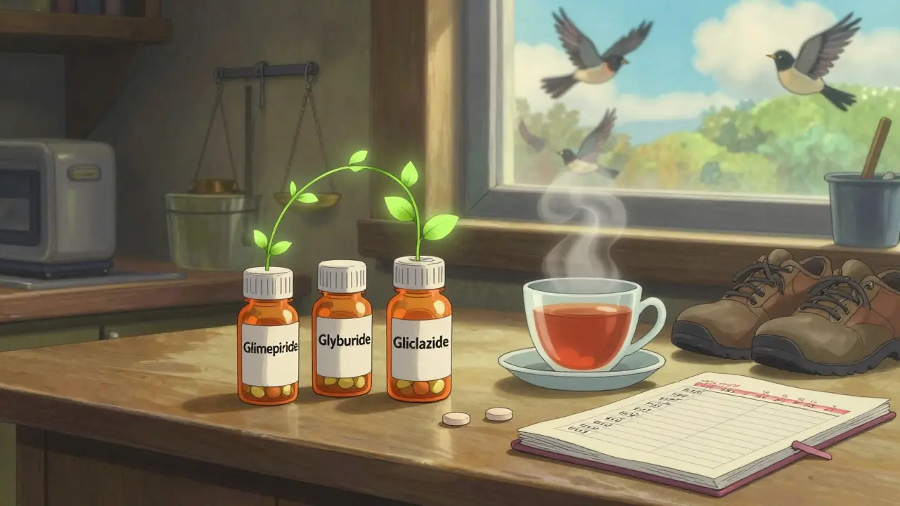 Three diabetes pill bottles on a kitchen counter with a tea cup, notebook, and walking shoes, one bottle emitting a lifting vine.