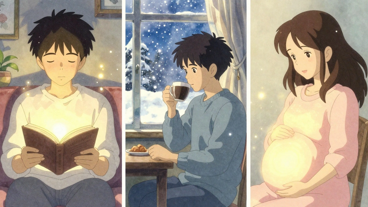 Three people use light therapy in their homes, bathed in warm golden light during winter morning.