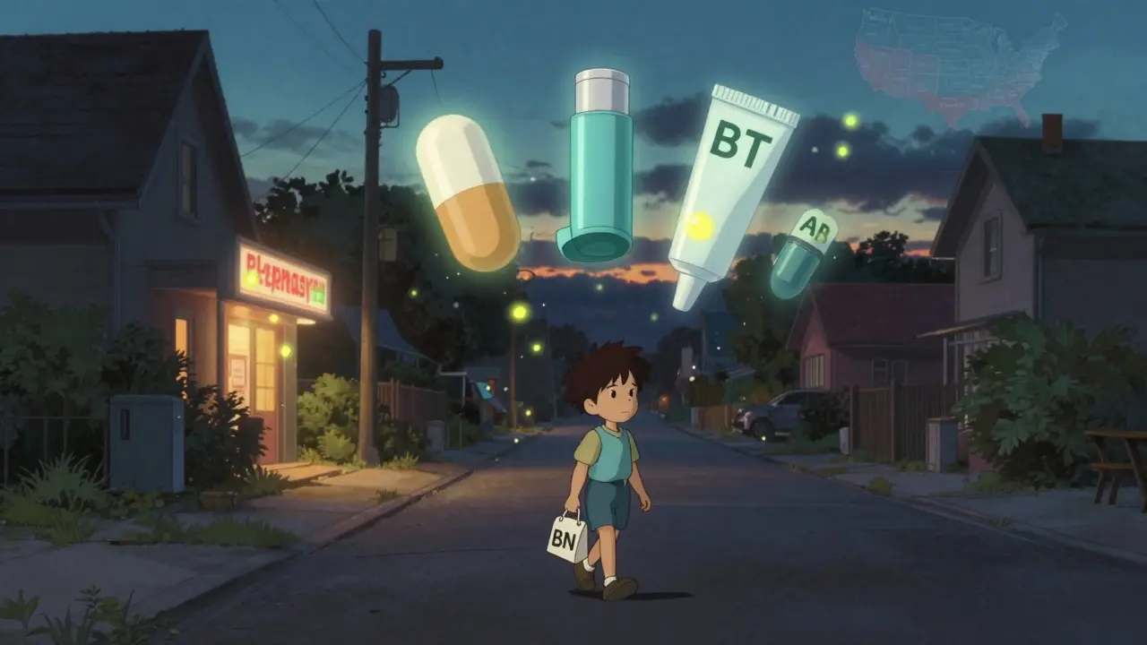 Translucent therapeutic equivalence codes float like fireflies above medications as a child walks home at dusk.