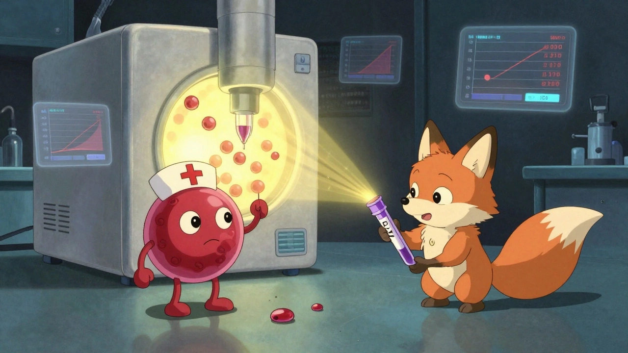 Two friendly blood cells draw blood into a purple tube while a glowing machine filters out inaccurate metabolites.