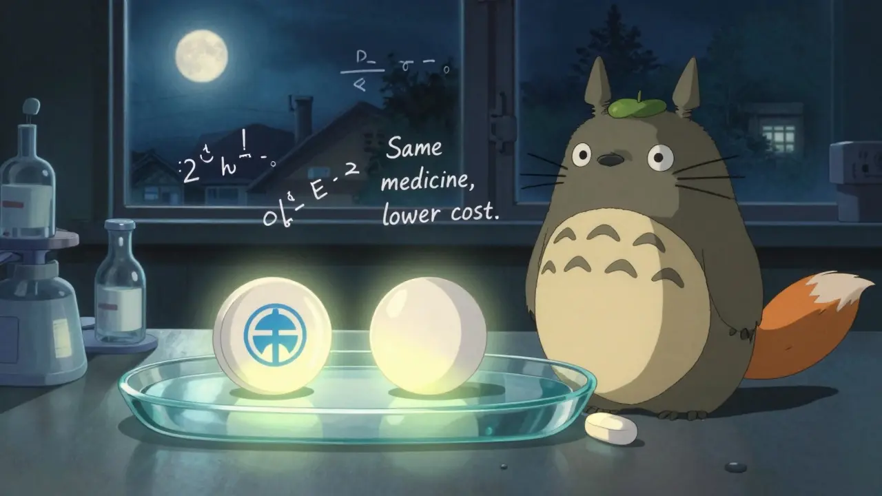 Two identical pills on a glowing tray with a spirit figure adding a third, representing cost savings.