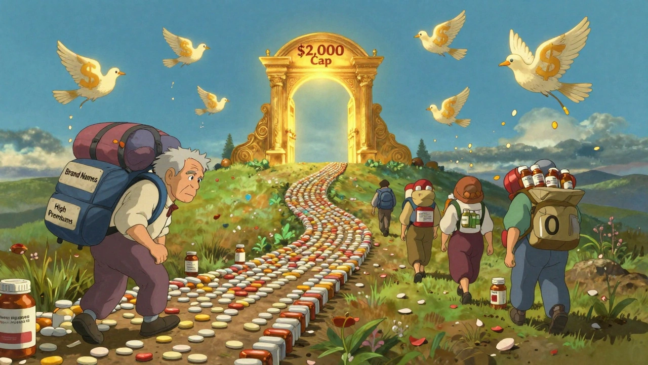 Winding path of pill bottles leading to golden gate labeled &#039;,000 Cap&#039;, seniors walking lightly with generic meds.