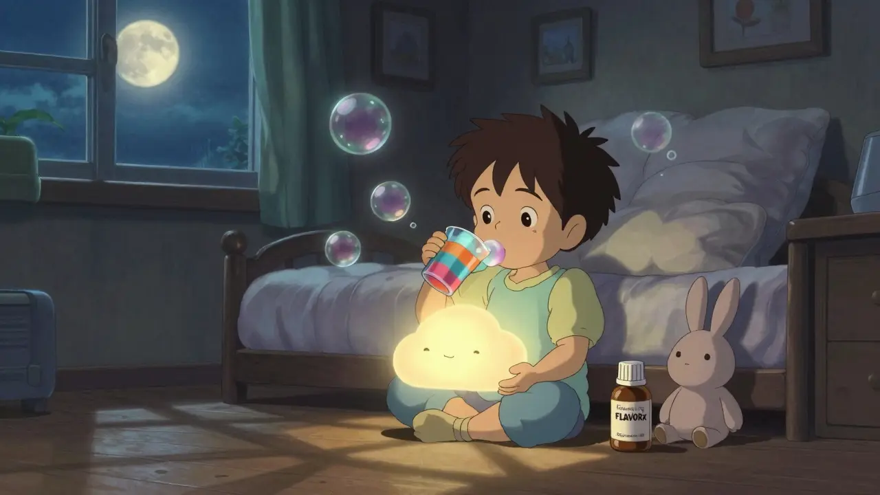 A child sips flavored medicine in bed as magical bubblegum bubbles rise around them, bathed in nightlight glow.