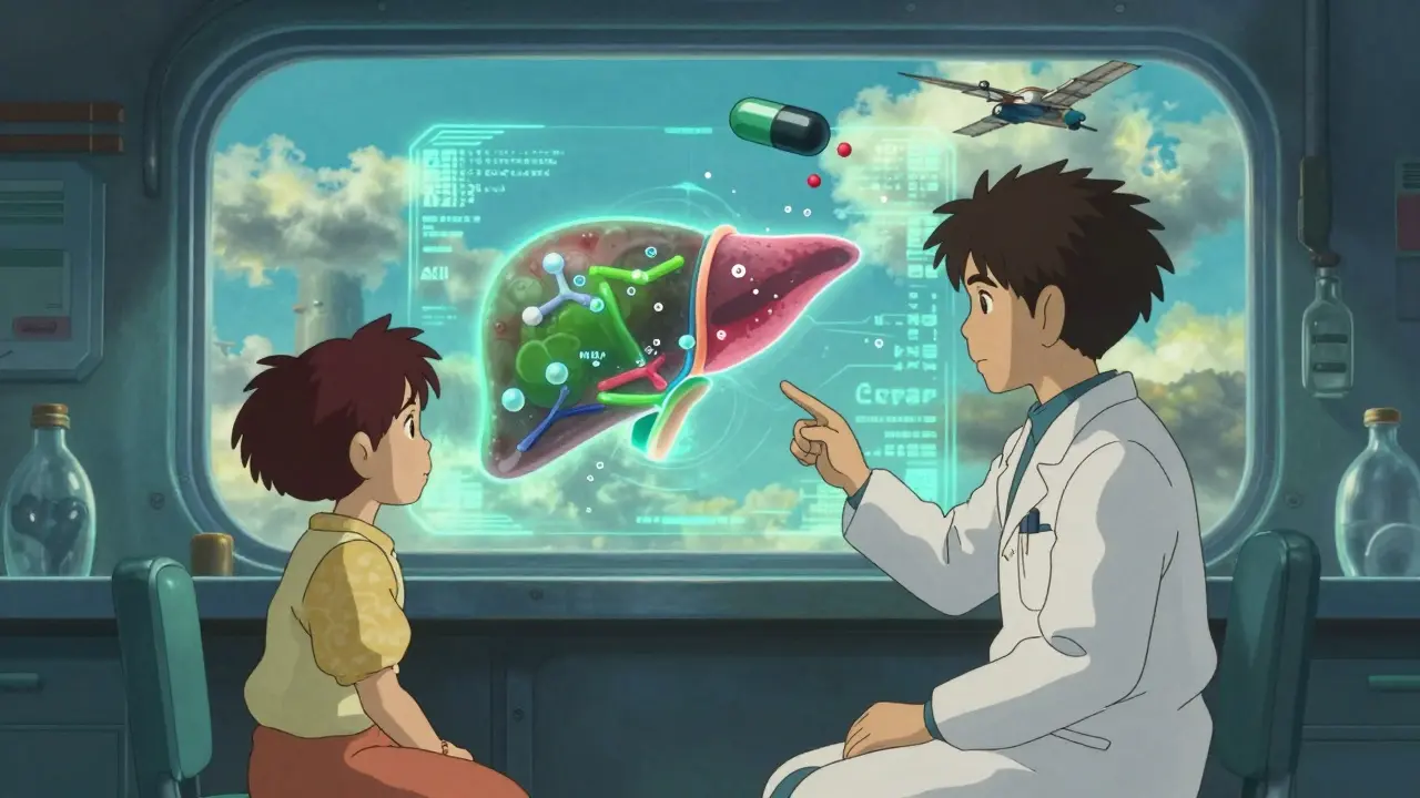 A doctor and child watch a holographic liver change color as drug molecules float around them in a glowing lab.