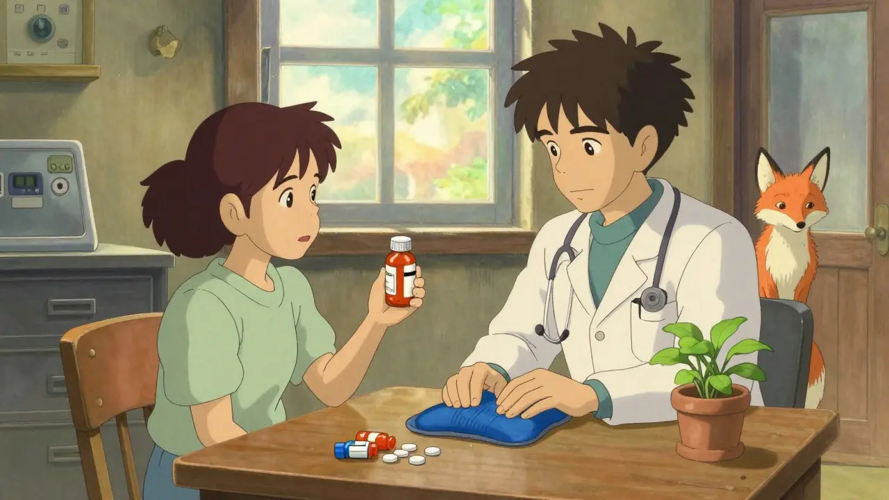 A doctor and patient discussing safe pain relief with acetaminophen and a heating pad.