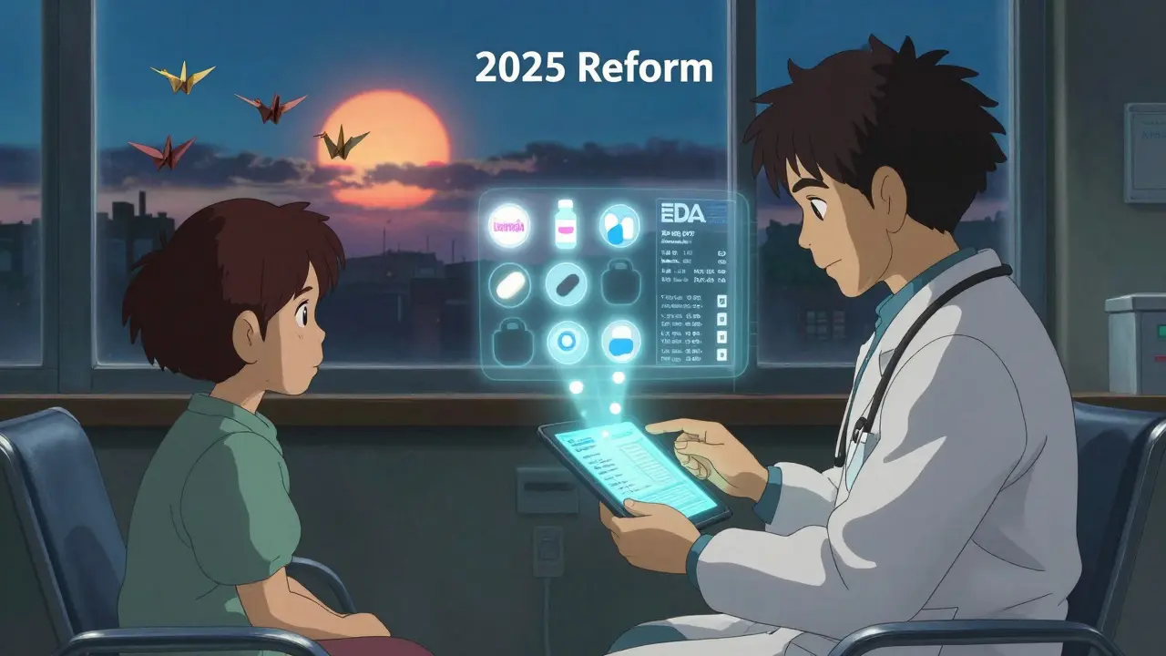 A doctor and patient review a glowing formulary tablet with floating drug icons in a quiet hospital room at dusk.