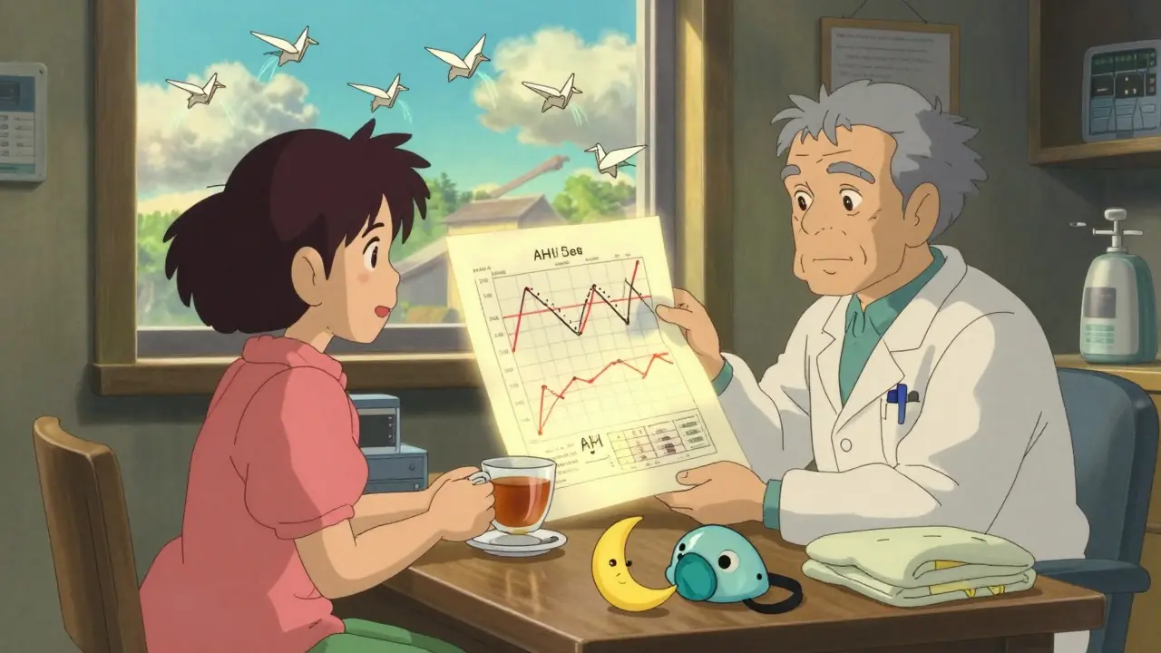 A doctor and patient review sleep study results in a sunlit office, with a glowing chart and paper crane monitors flying outside the window.