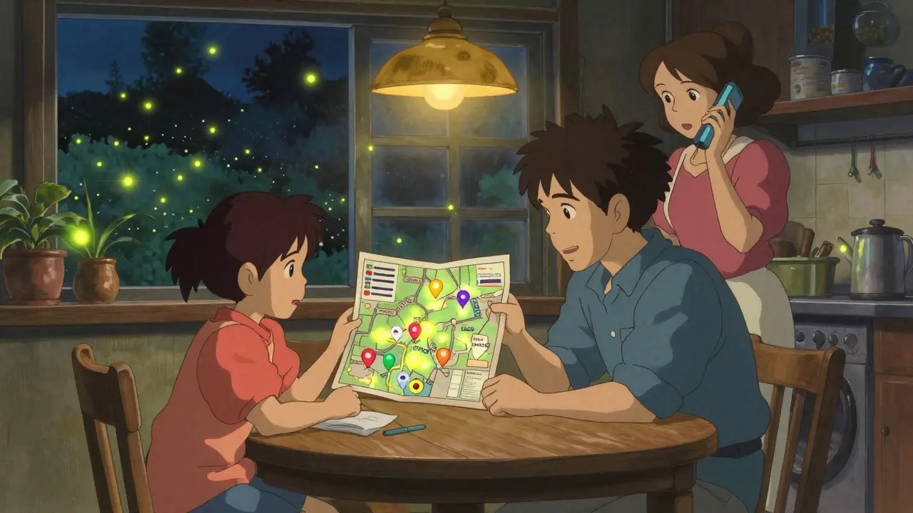 A family uses a map and phone to locate available medications during a drug shortage, surrounded by warm home lighting.