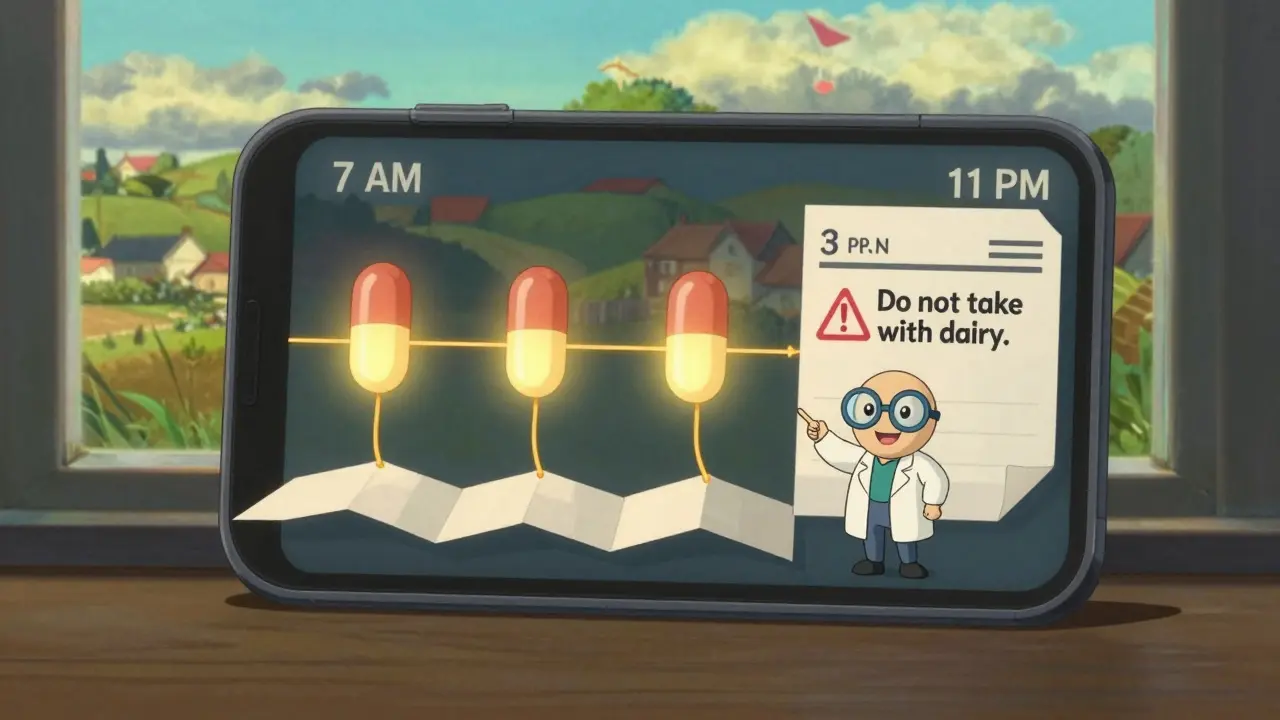 A floating digital interface shows medication times and warnings, animated like origami, with a scanned label unfolding gently.