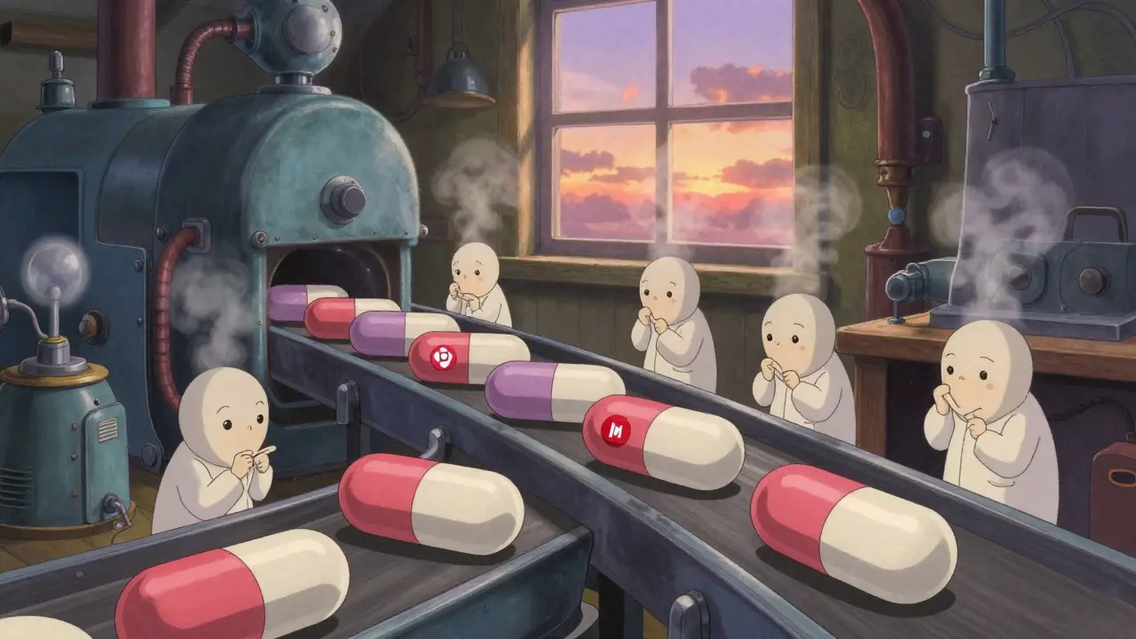 A gentle factory conveyor with identical pills in branded and generic packaging, glowing in warm sunset tones.