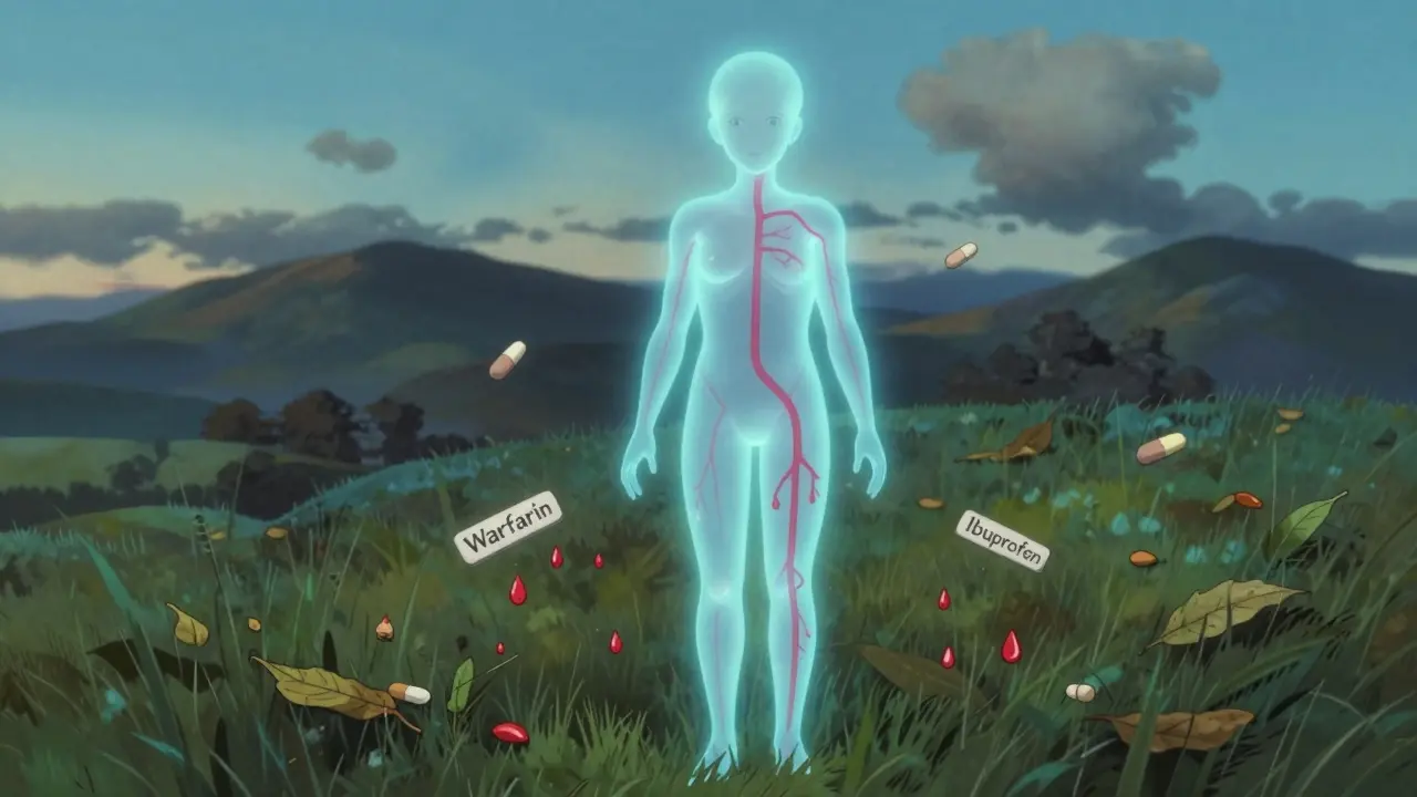A glowing human body with fractured blood vessels leaking red droplets in a meadow.
