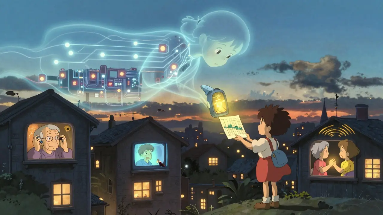 A glowing sound spirit offers a hearing aid to a child holding an audiogram, while seniors in glowing windows reconnect with loved ones.