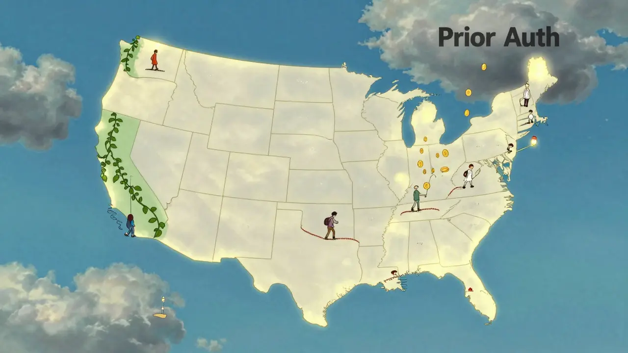 A magical map of the U.S. shows states with different Medicaid generic coverage rules glowing in soft colors.
