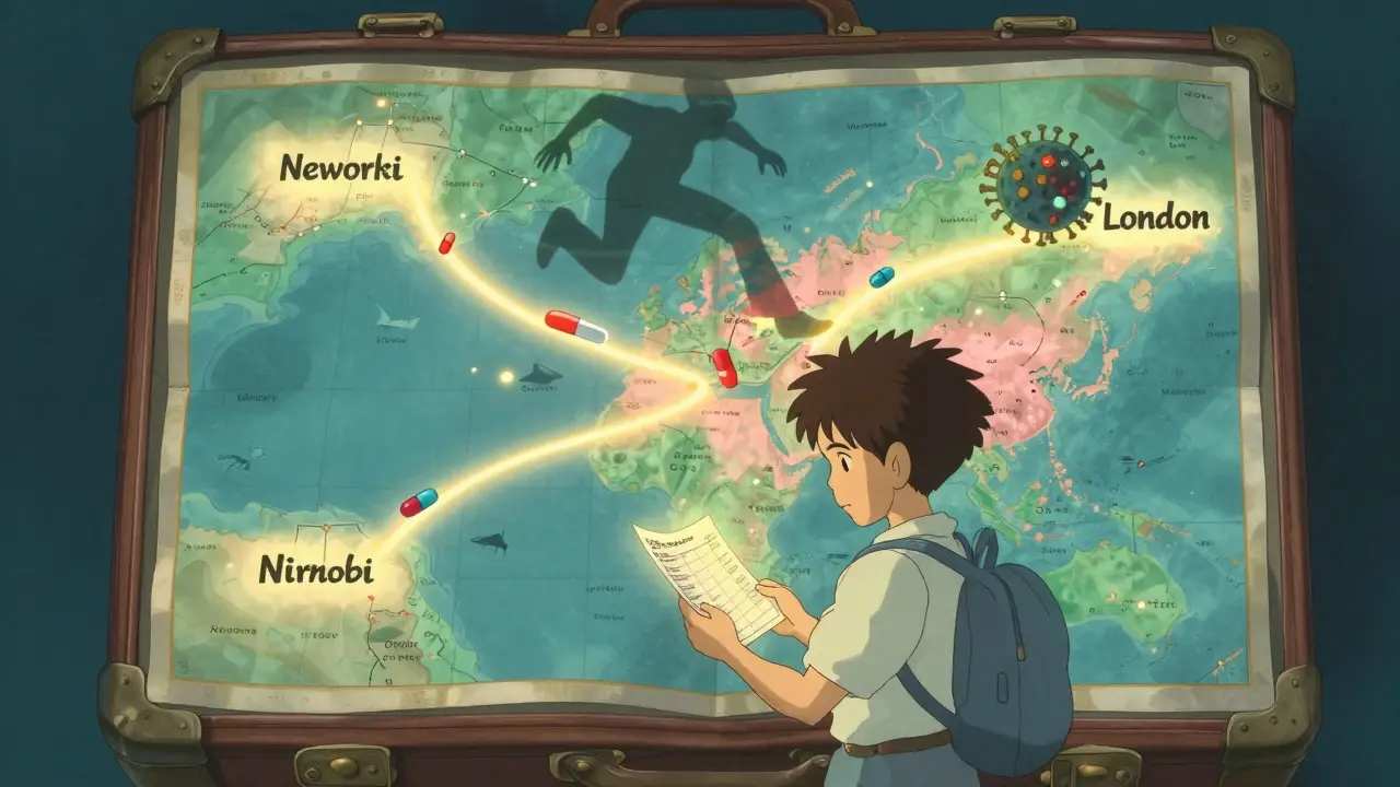 A magical map shows flight routes with animated pills traveling safely, while a traveler holds a glowing dosing chart.
