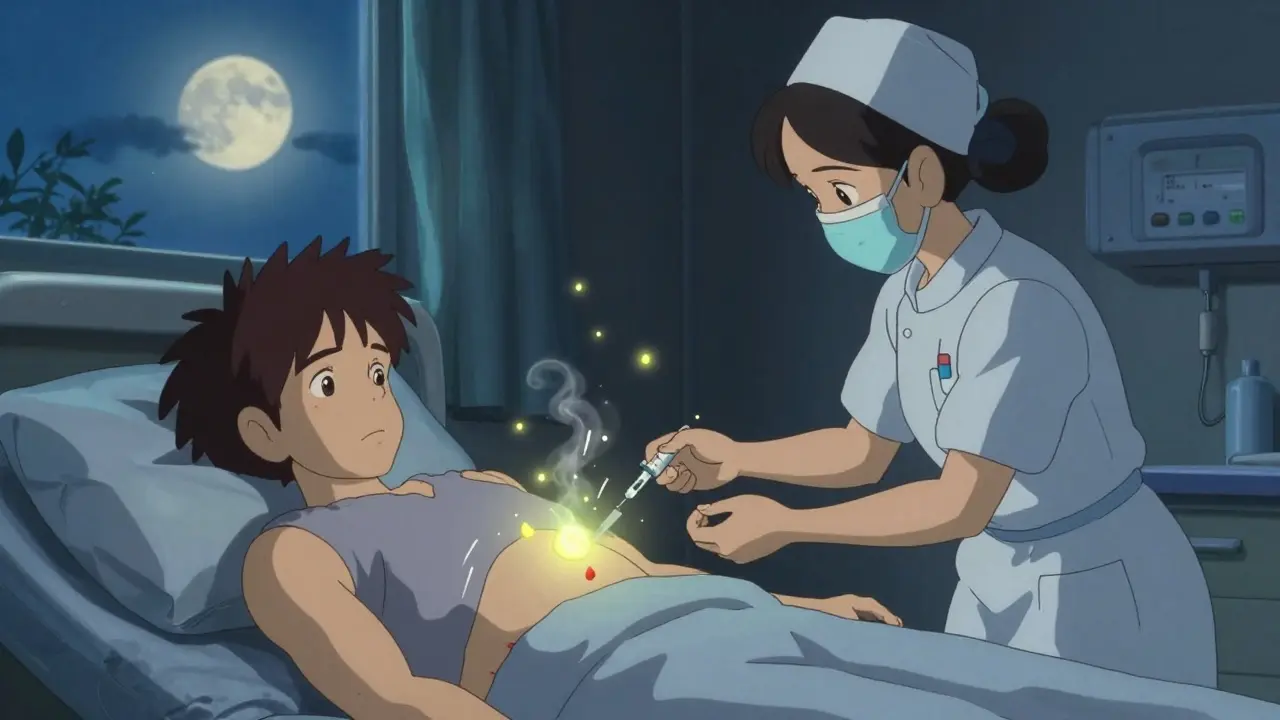 A patient receiving an insulin injection with glowing medicine droplets and a subtle skin lump in moonlit room.