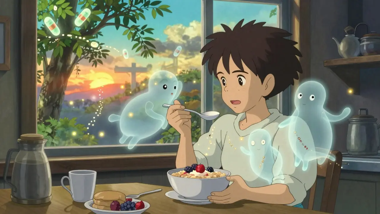 A person eating healthy food while probiotic spirits repair their gut with golden threads.