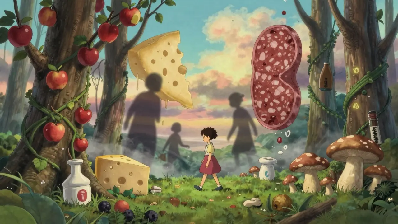 A person walking through a magical forest of safe foods as dangerous items fade into mist.
