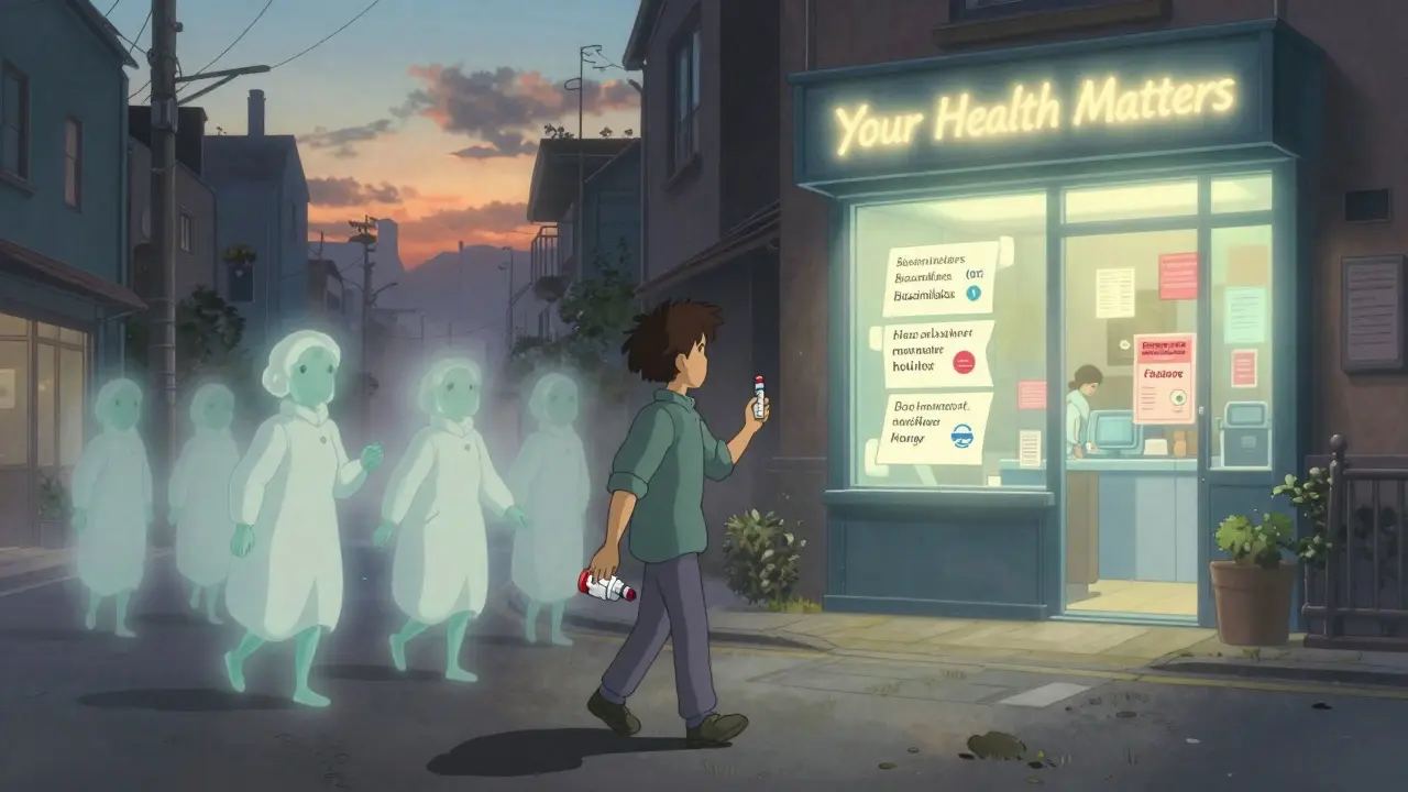 A person walks at dawn guided by spiritual figures toward resources for emergency medication access.