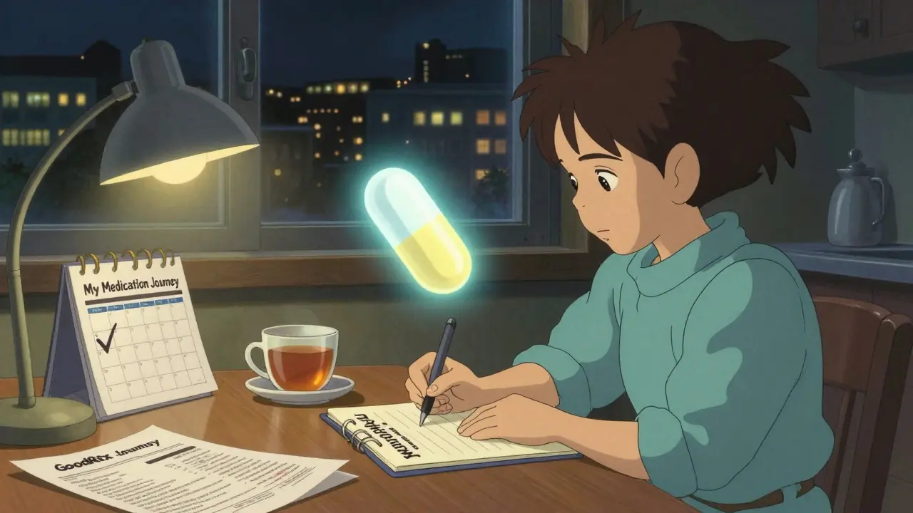 A person writes in a journal at night as a glowing pill spirit hovers, symbolizing affordable treatment options.