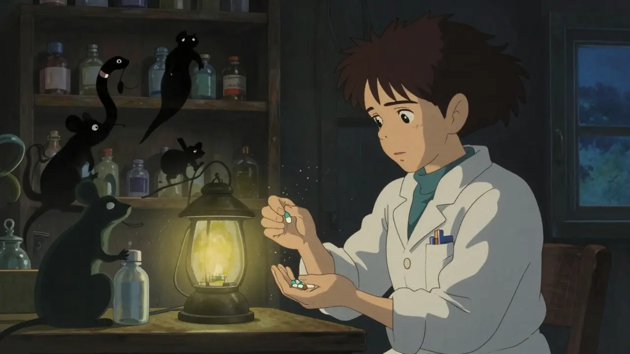 A pharmacist examines pills under a lantern as ghostly counterfeit drugs rise from shelves in a dim rural clinic.