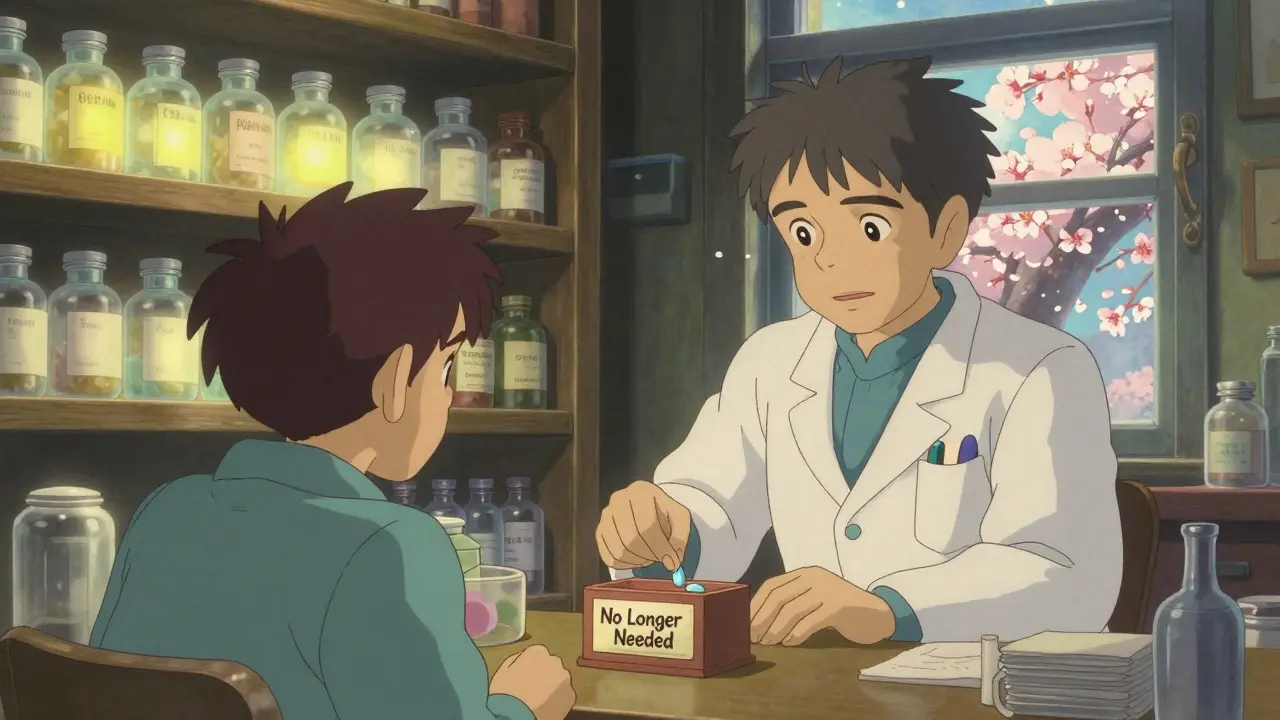 A pharmacist placing a pill in a box while medicine bottles fade away in a cozy apothecary.