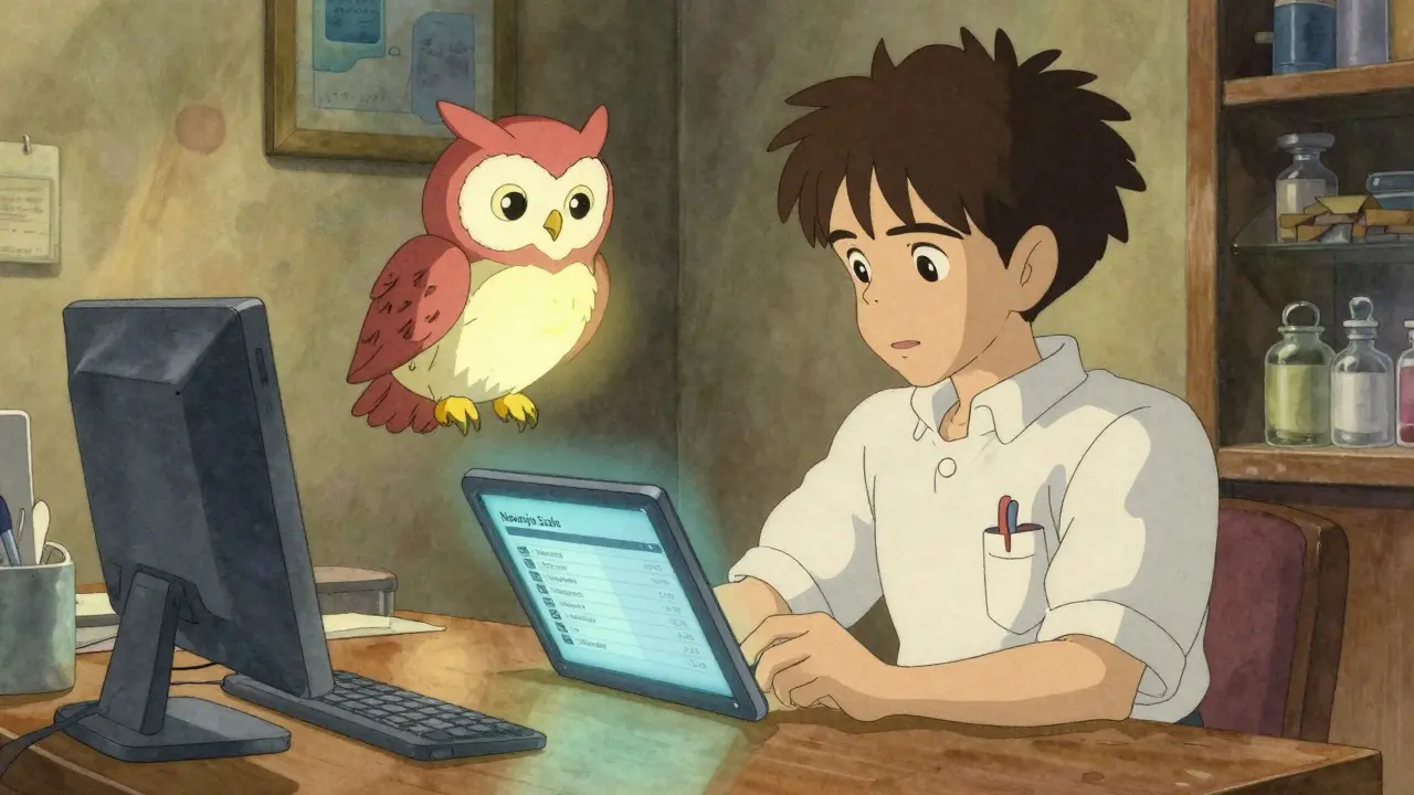 A pharmacy student using a glowing tablet to assess a drug reaction, guided by a paper owl spirit.