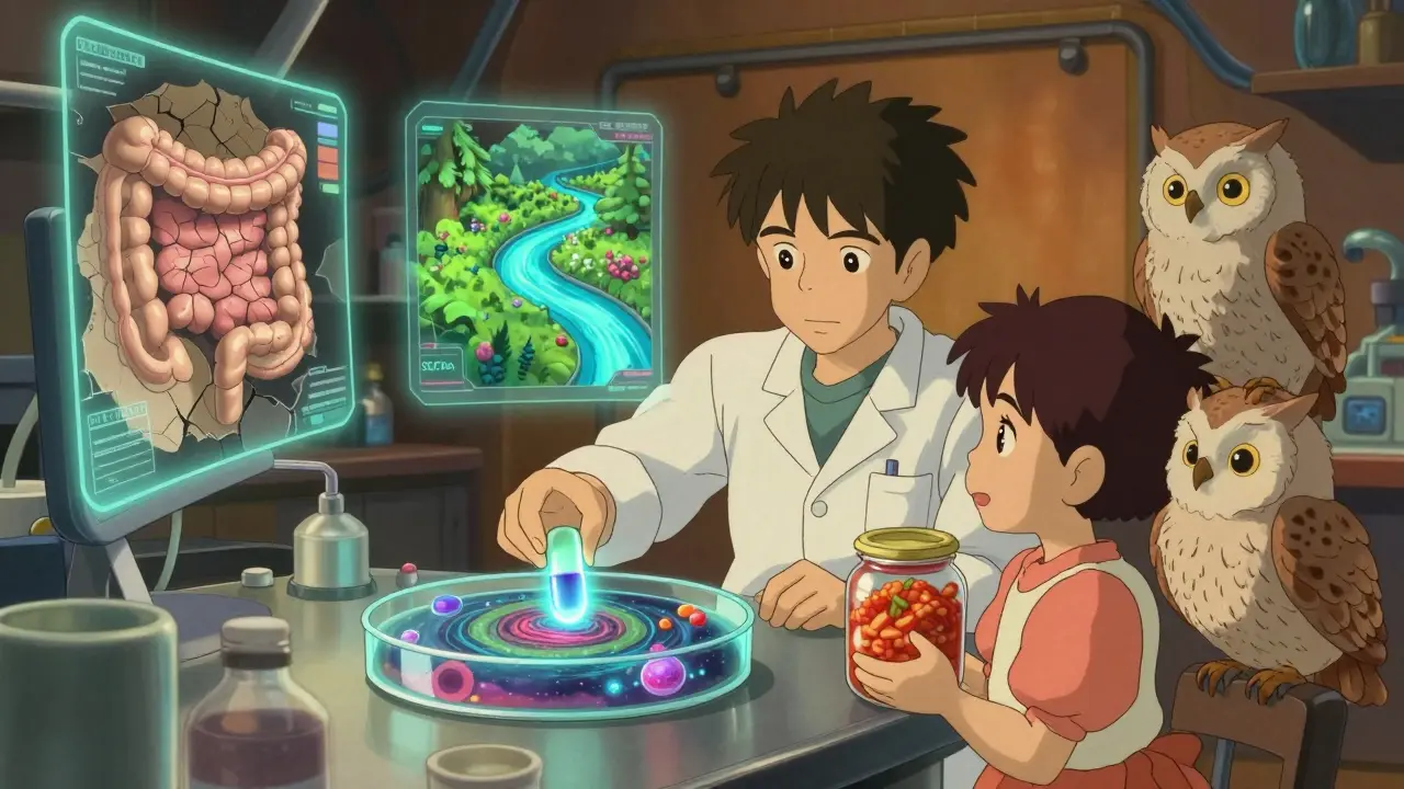 A scientist introducing a synbiotic capsule to a thriving microbial galaxy in a glowing lab.