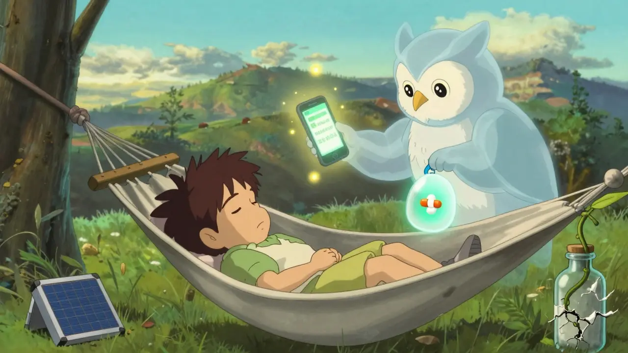 A sleeping child is guarded by a spirit replacing a fake pill with a real one, guided by a glowing SMS code.