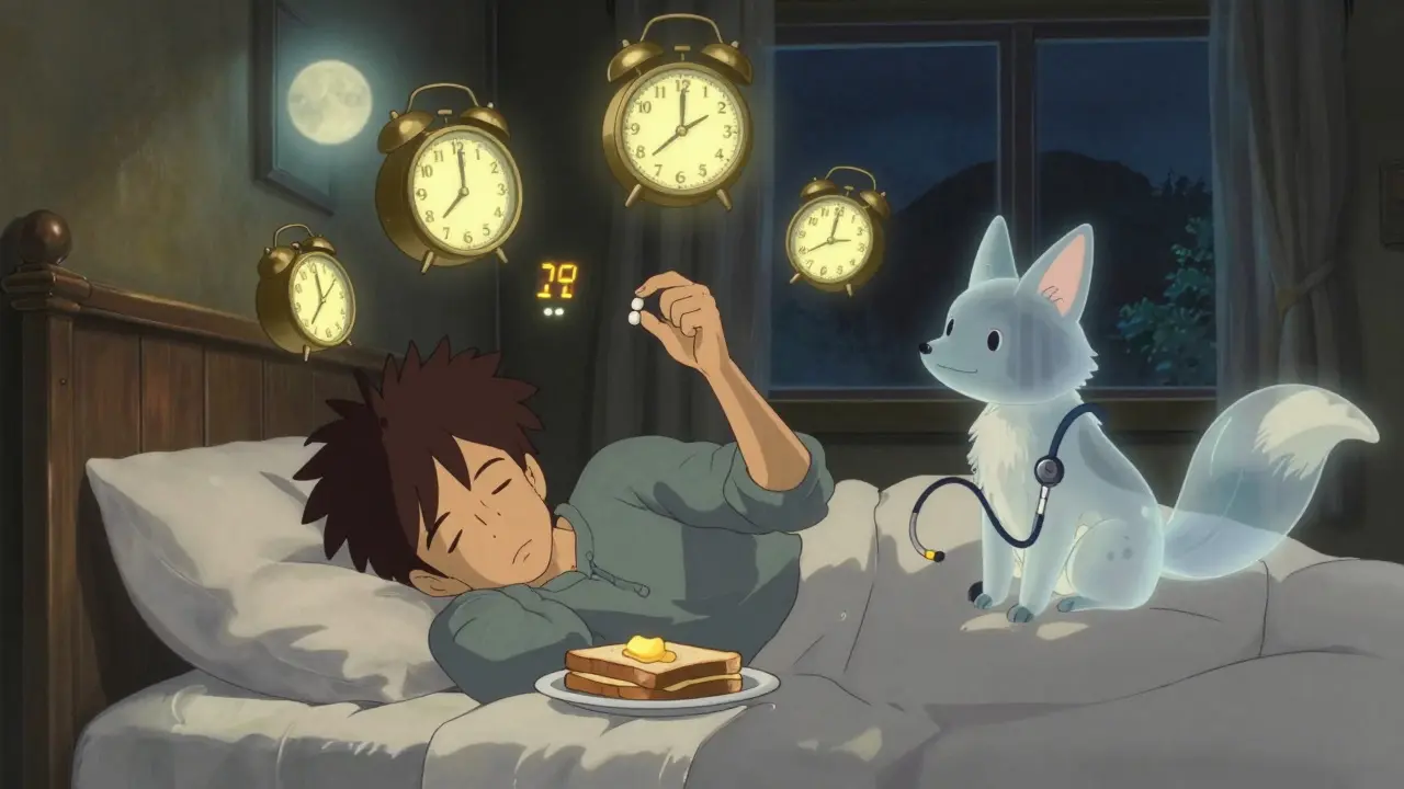 A traveler in a hotel room reaches for a pill beside buttered food, with floating alarm clocks glowing softly in the night.