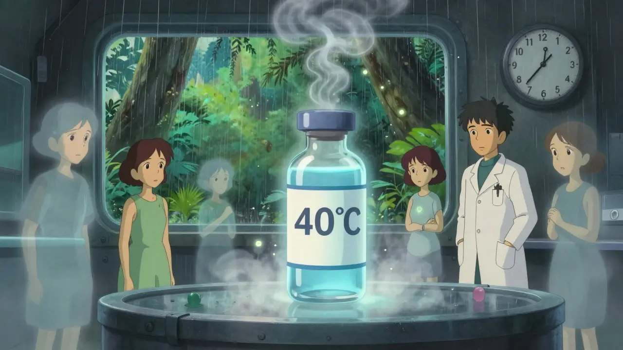 A vial of insulin degrading in a heated chamber, with glowing particles and watching figures in a dreamlike haze.