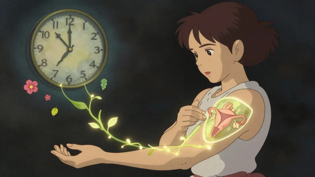 A woman applying hormone gel as glowing vines protect her heart and uterus, with a symbolic clock and flowers in the background.